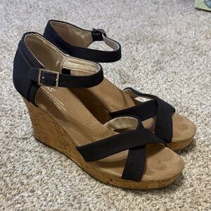 Toms Black and Tan Wedge Sandals